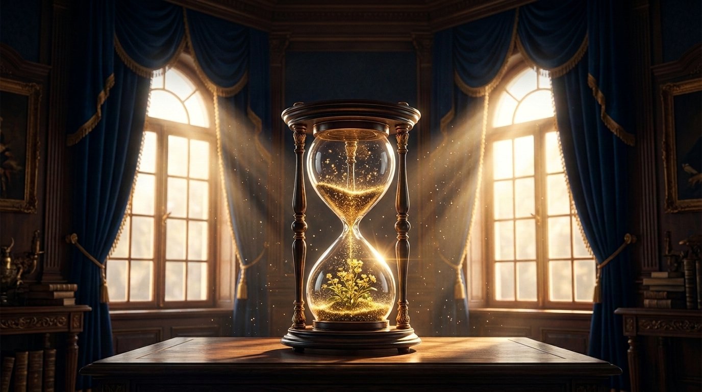Hourglass_on_table_with_plant_20261010152424 Hourglass_on_table_with_plant_20261010152424